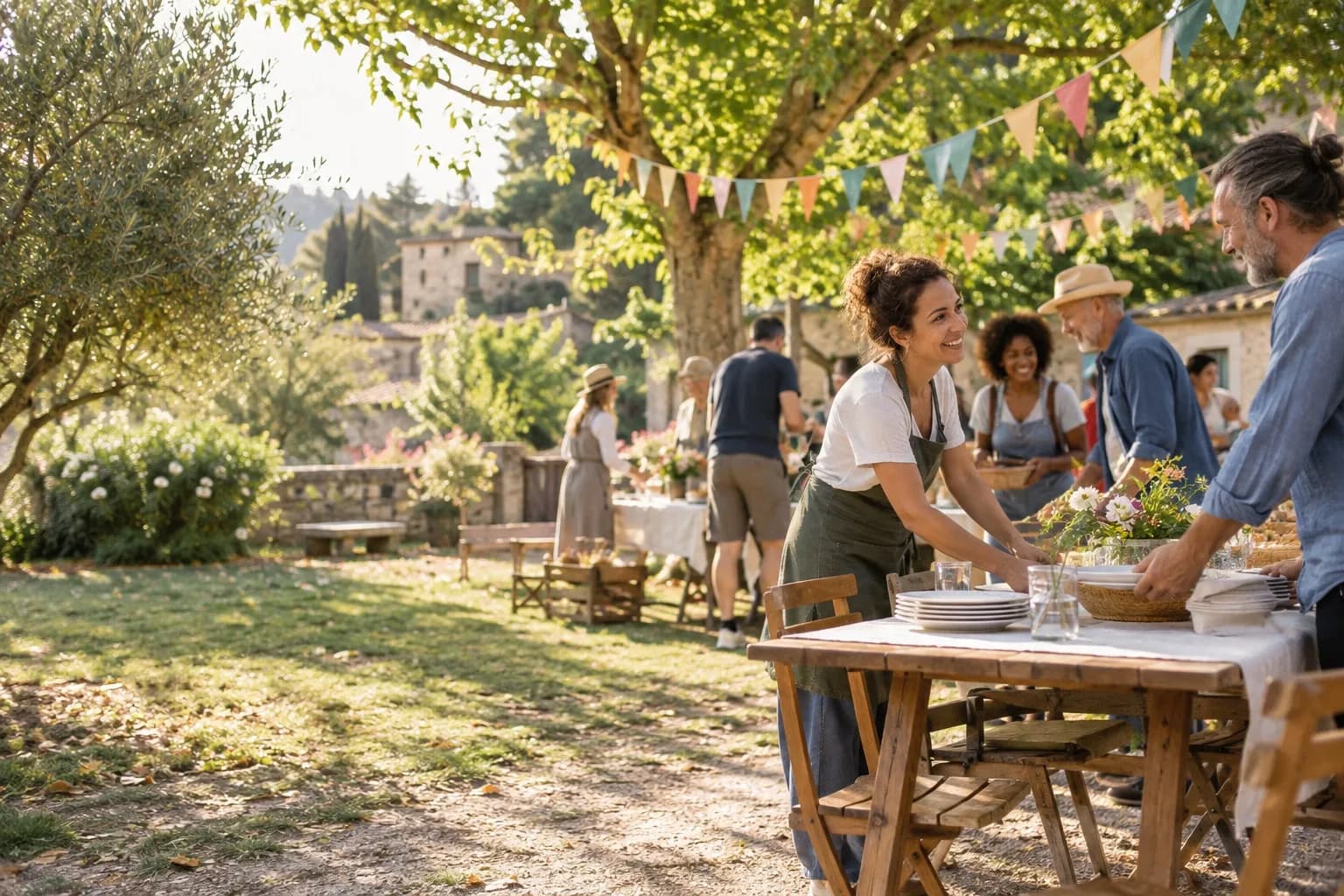 Bénévoles préparant un événement associatif